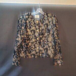 Vintage JOANNA Black Velvet Floral w Metallic Gold Silver Glitter Jacket Large